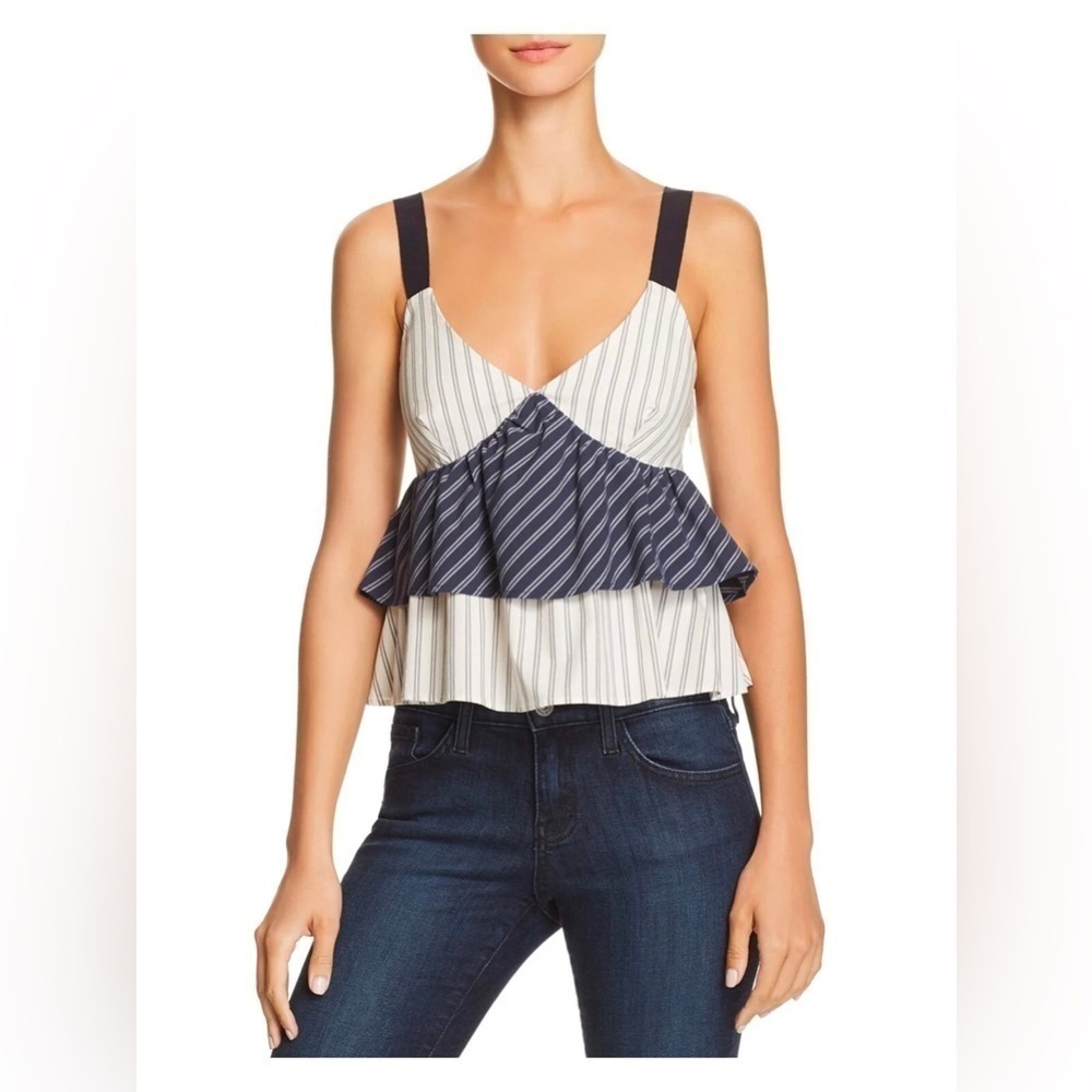Joie Marjie Ruffled Striped V Neck Tank Top, Dark Navy & Porcelain, Size L